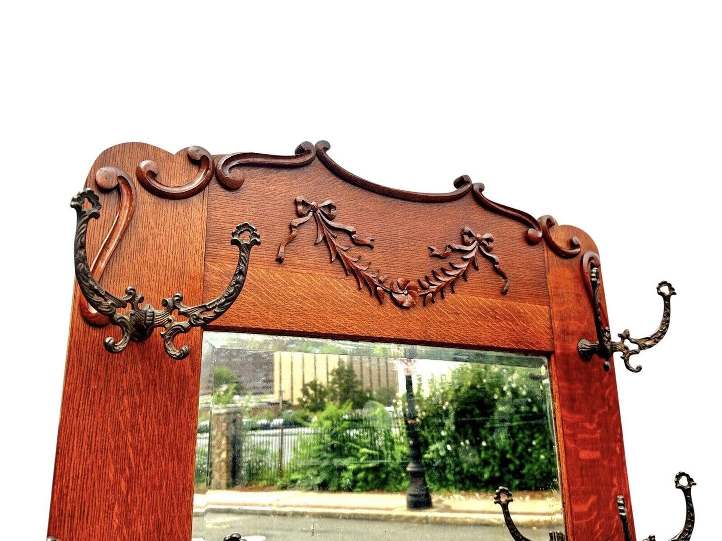 Antique Victorian Tiger Oak Hall Tree With Ribbon Carved Crest & Beveled Mirror