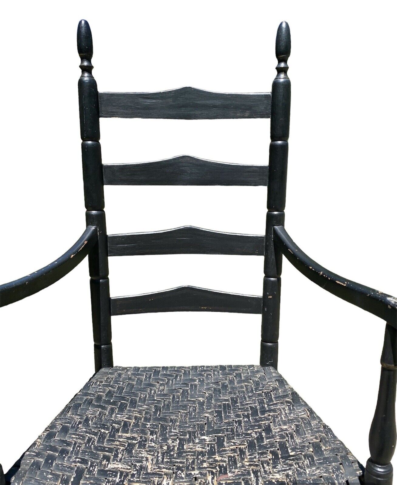 18th Century Antique Queen Anne Ladderback Chair in Black With Ram's Head Arms