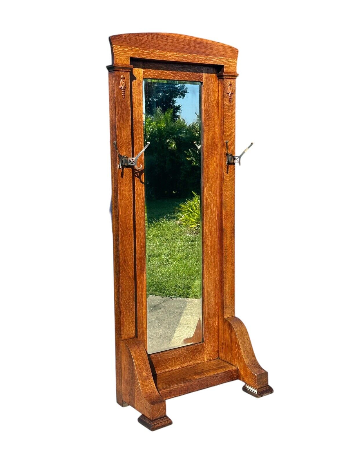 Antique Arts & Crafts Tiger Oak Hall Tree With Beveled Mirror & Japanned Hooks