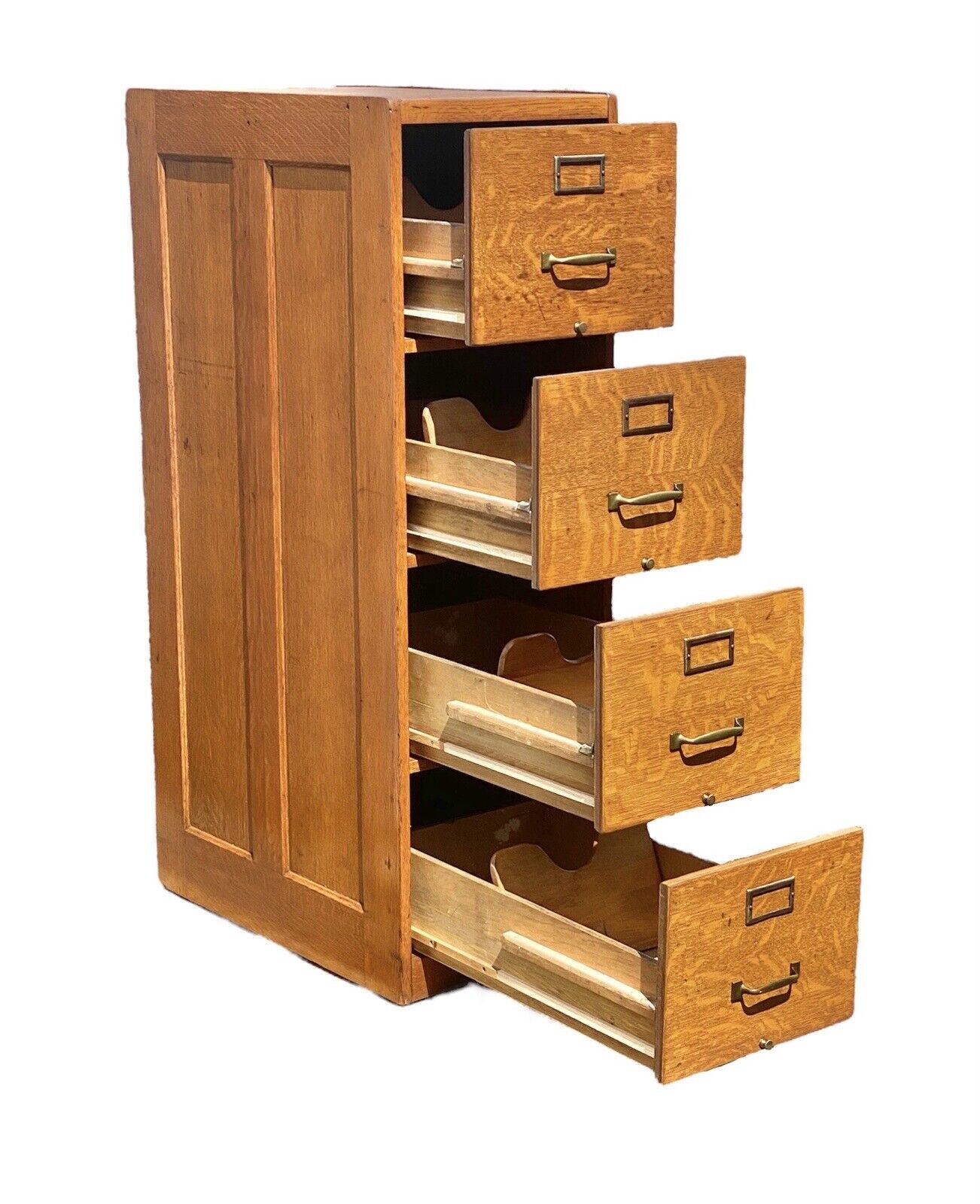 Antique Oak 4 Drawer Wood File Cabinet with double paneled sides and original hardware - photo with drawers open