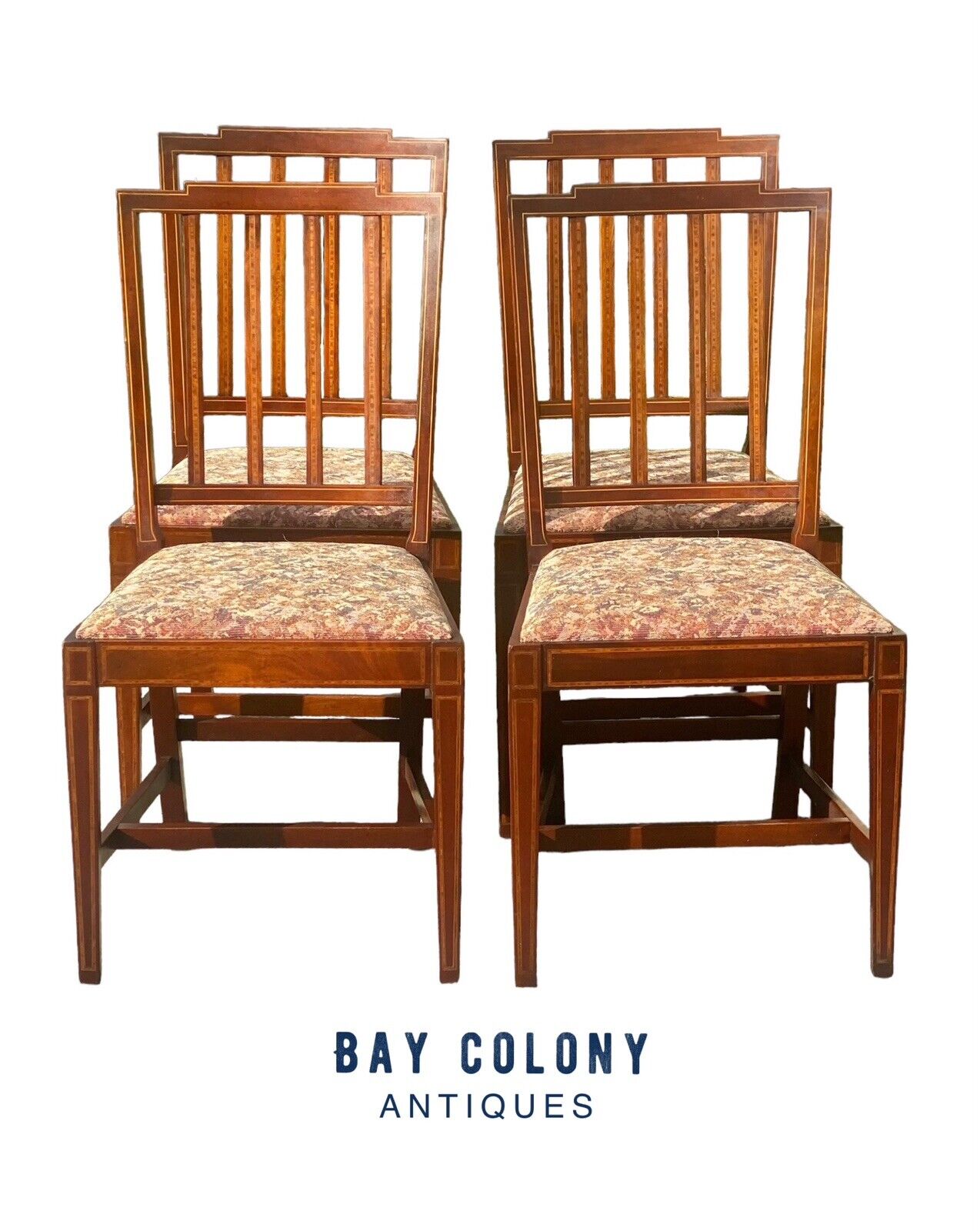 Antique Set Of 4 Sheraton Mahogany Dining Chairs with Satinwood Inlay CA 1920