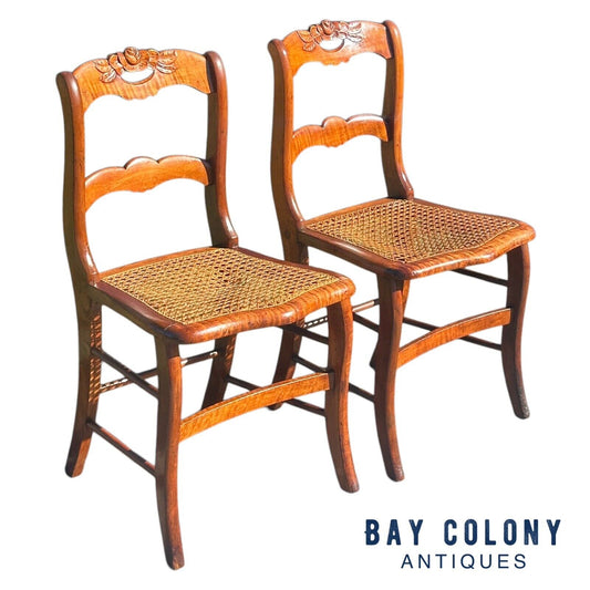 Pair of Antique Federal Period Tiger Maple Side Chairs With Rose Carved Crests