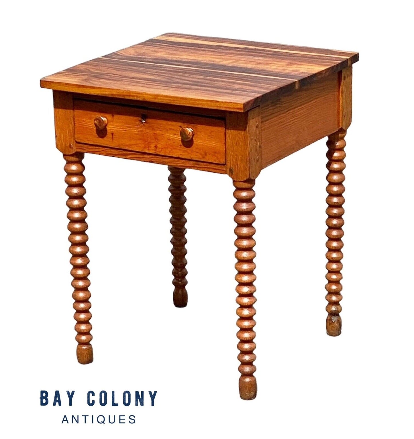 Antique Federal Style Southern Yellow Pine Work Table With Spool Turned Legs