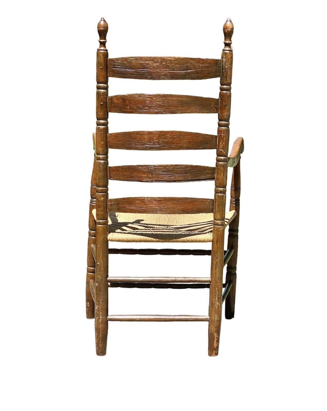 Early Queen Anne Period Walnut & Oak Ladderback Great Chair With Ram's Head Arms