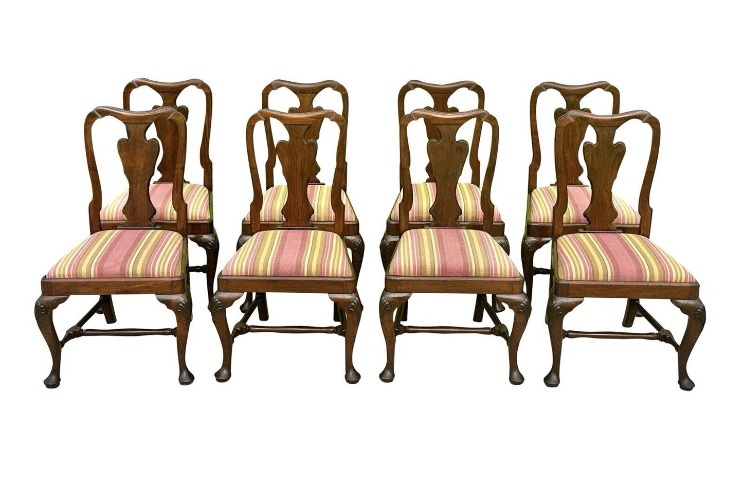 Set of Ten Queen Anne Style Walnut Shell Carved Dining Chairs With Penguin Backs