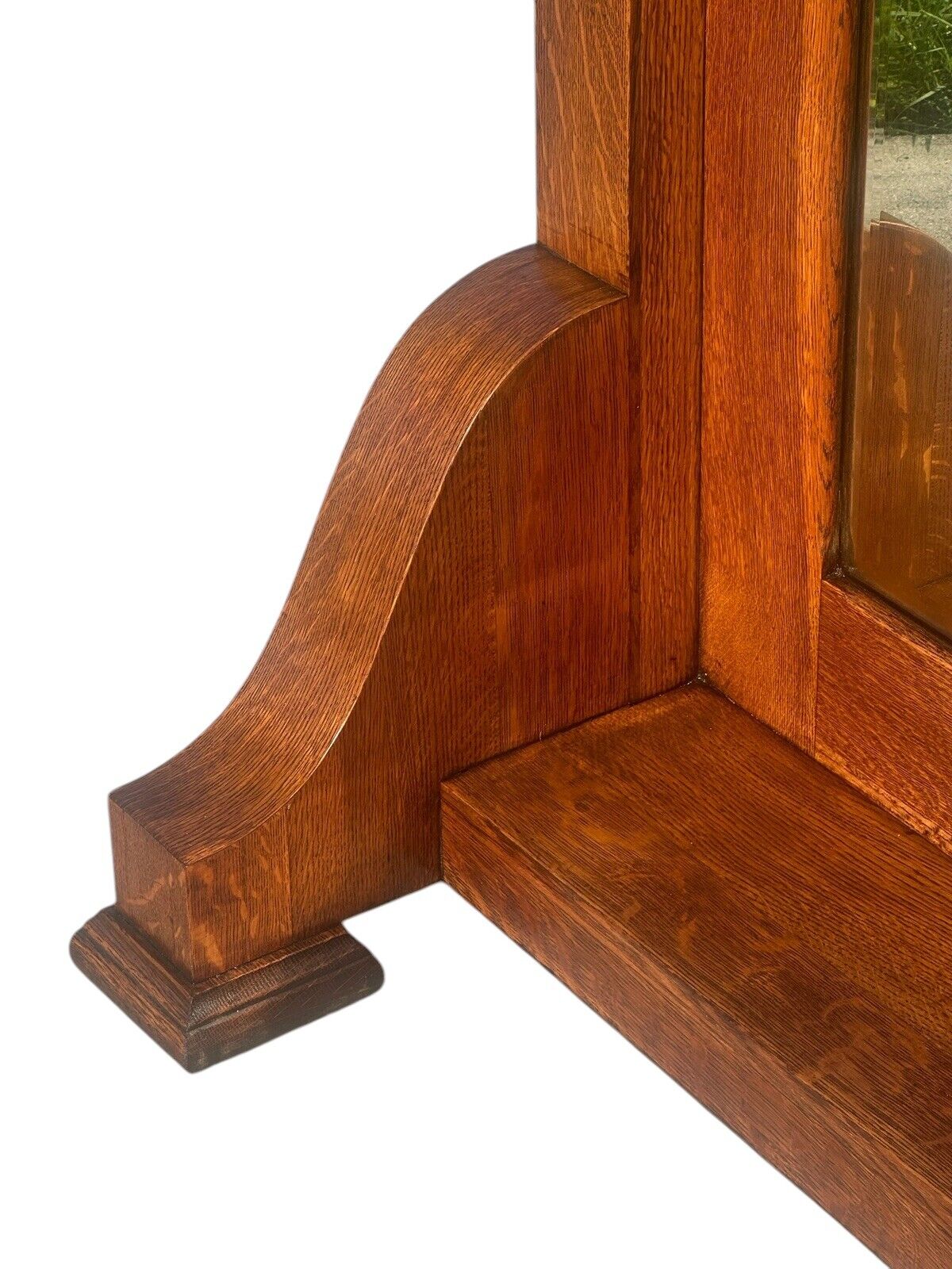 Antique Arts & Crafts Tiger Oak Hall Tree With Beveled Mirror & Japanned Hooks