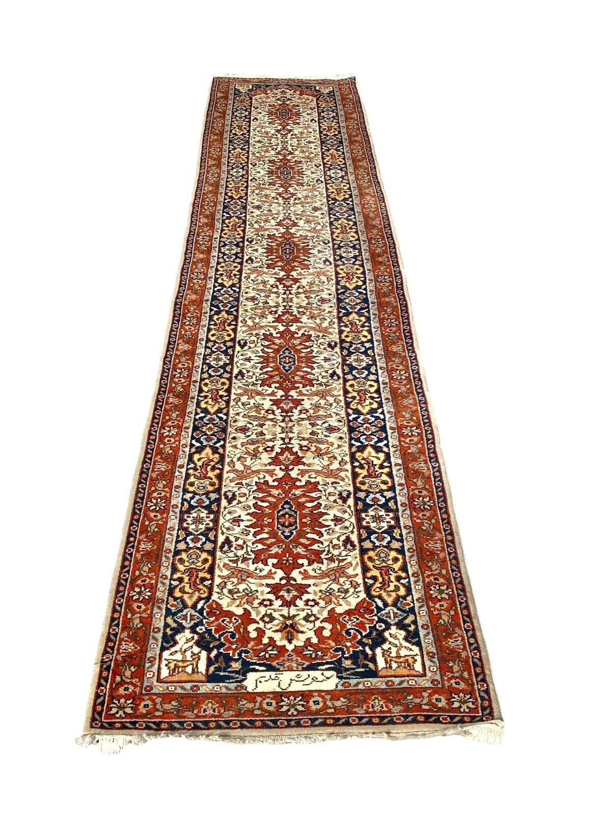 Semi-Antique 13+ Foot Persian Tabriz Runner Rug / Carpet with Birds & Deer