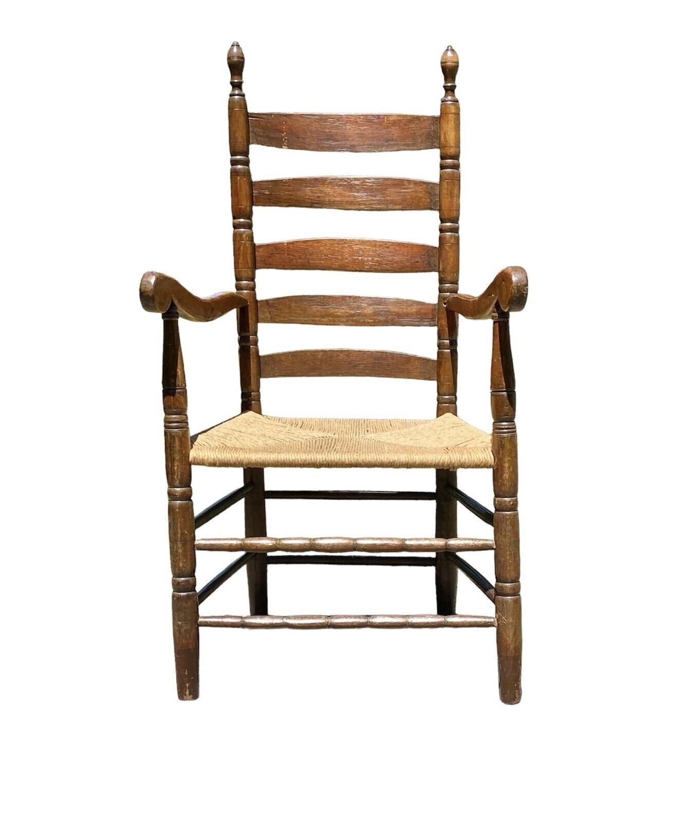 Early Queen Anne Period Walnut & Oak Ladderback Great Chair With Ram's Head Arms