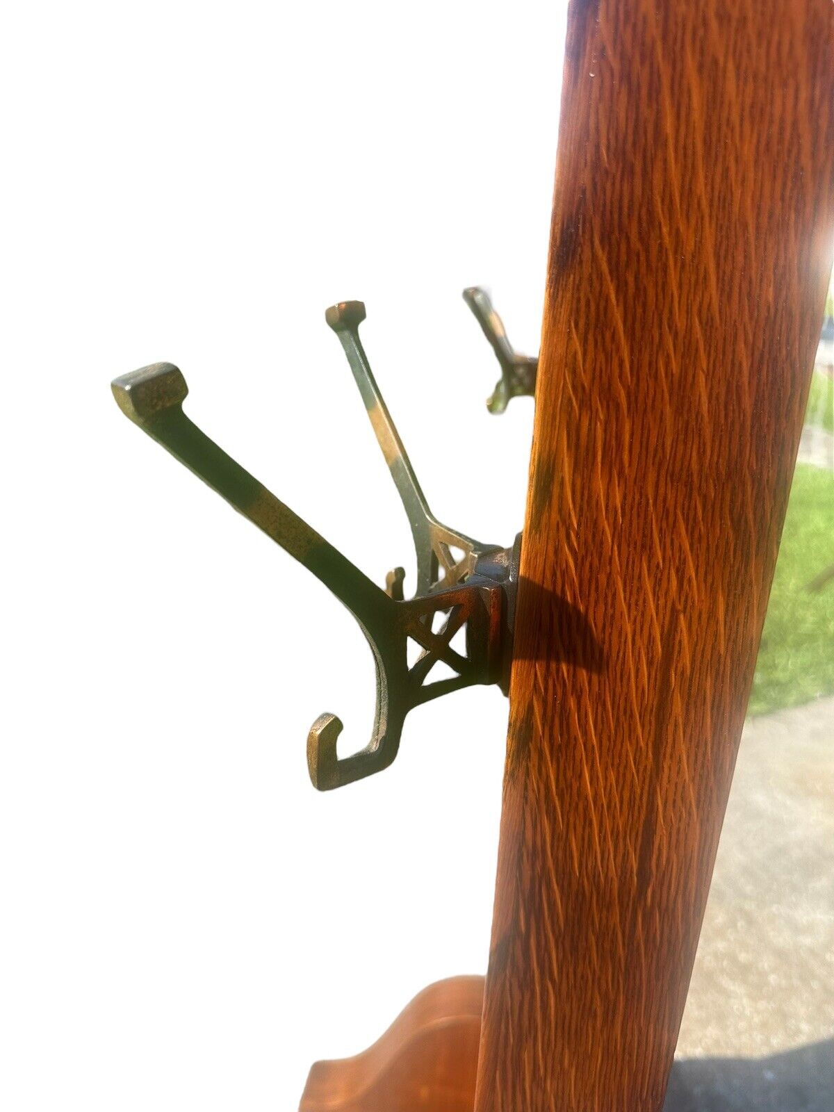 Antique Arts & Crafts Tiger Oak Hall Tree With Beveled Mirror & Japanned Hooks