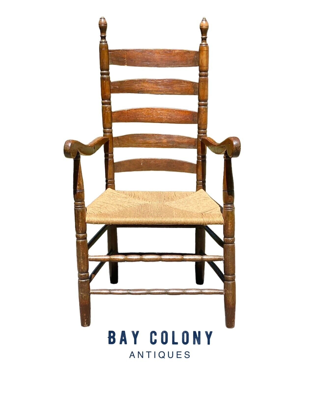 Early Queen Anne Period Walnut & Oak Ladderback Great Chair With Ram's Head Arms