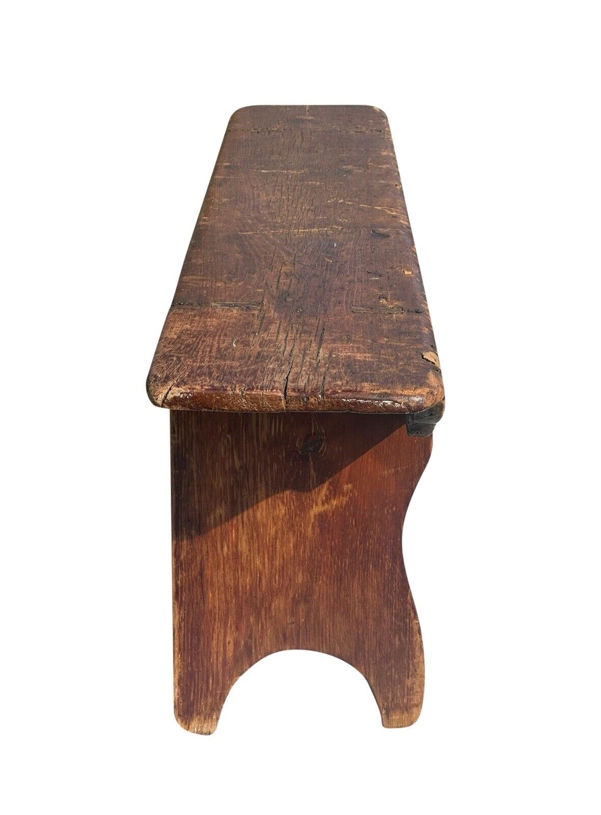 Antique Primitive Pine Nantucket Meetinghouse Bench With Half Moon Cutout Ends