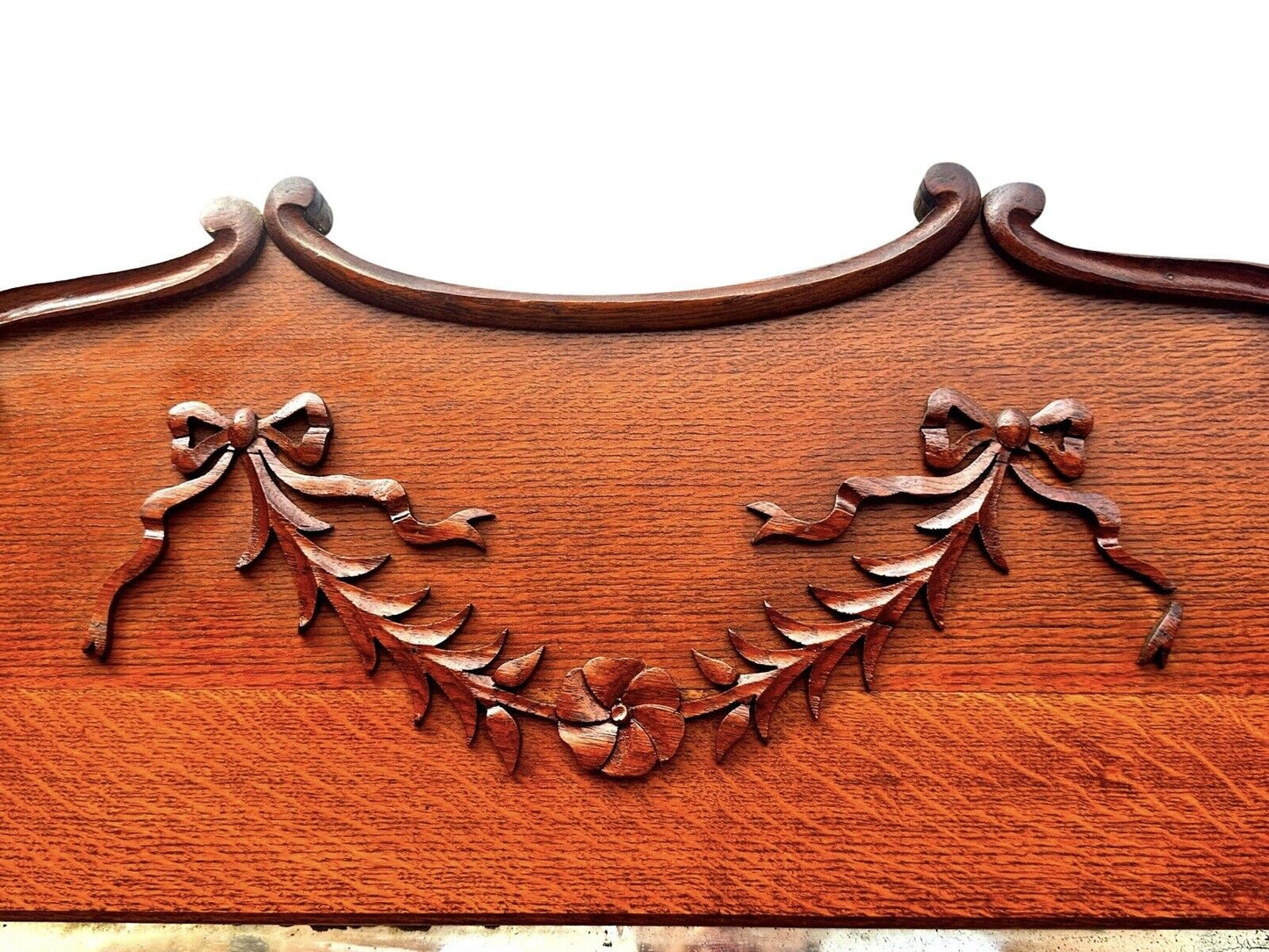 Antique Victorian Tiger Oak Hall Tree With Ribbon Carved Crest & Beveled Mirror