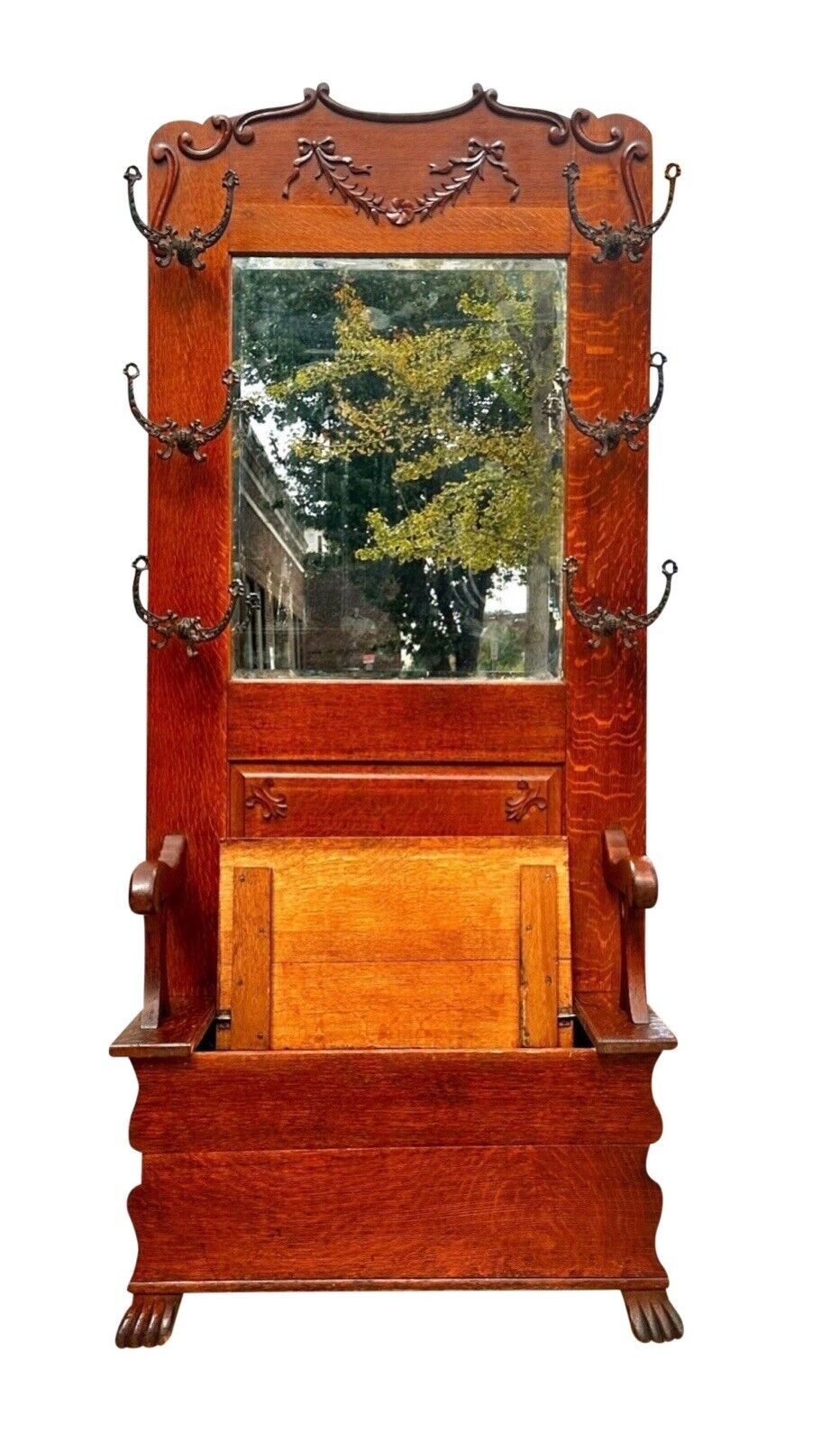 Antique Victorian Tiger Oak Hall Tree With Ribbon Carved Crest & Beveled Mirror