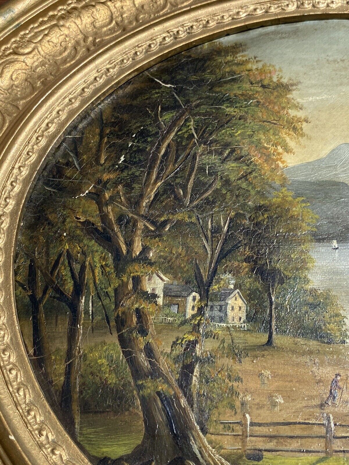 Antique Hudson River School American Landscape Painting In Original Oval Frame