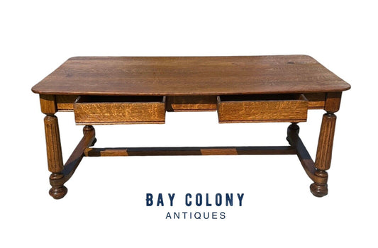 Antique Victorian Tiger Oak Library Table With Two Drawers - Six Feet Long