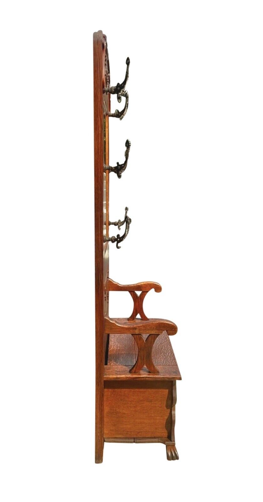 Antique Victorian Tiger Oak Hall Tree With Ribbon Carved Crest & Beveled Mirror