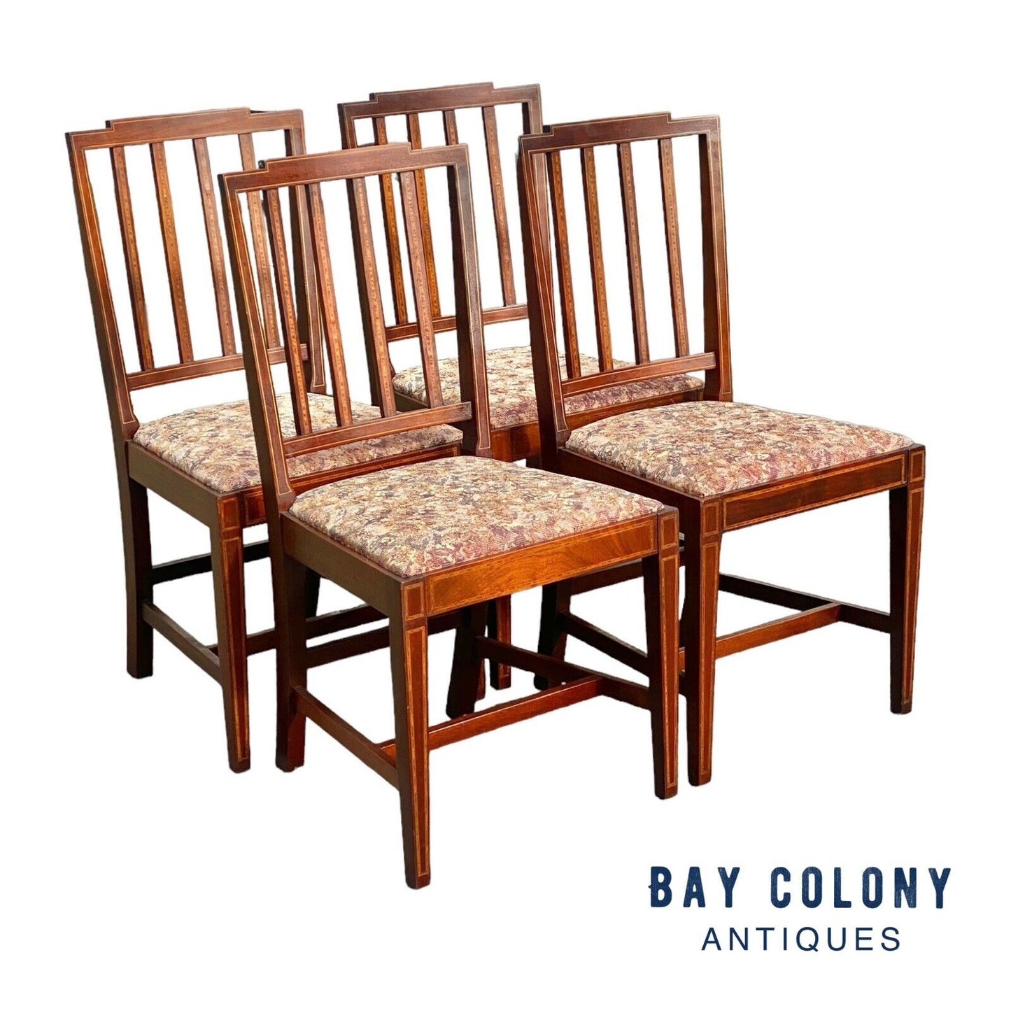 Antique Set Of 4 Sheraton Mahogany Dining Chairs with Satinwood Inlay CA 1920