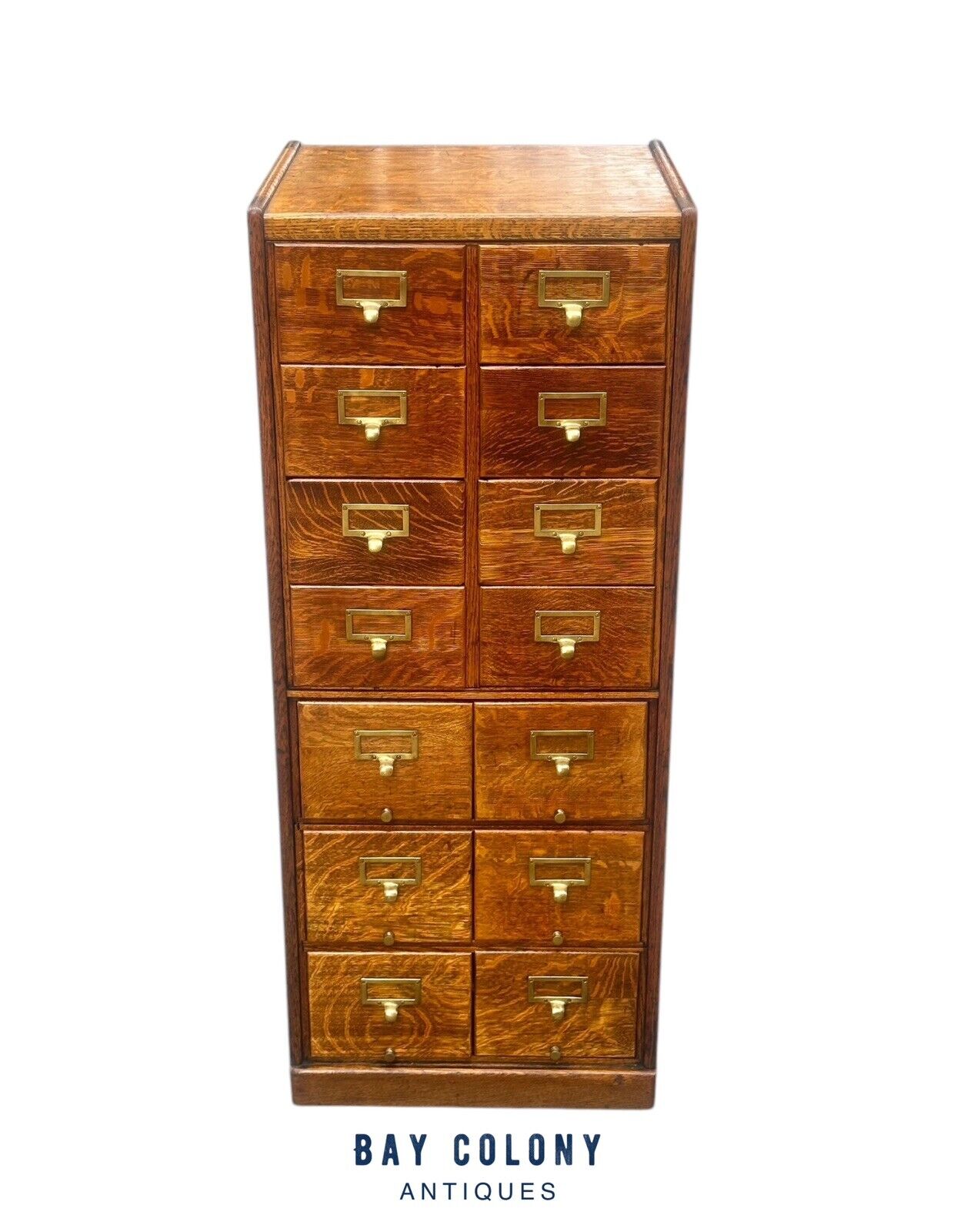 Antique Arts & Crafts Tiger Oak Raised Panel Fourteen Drawer Index File Cabinet