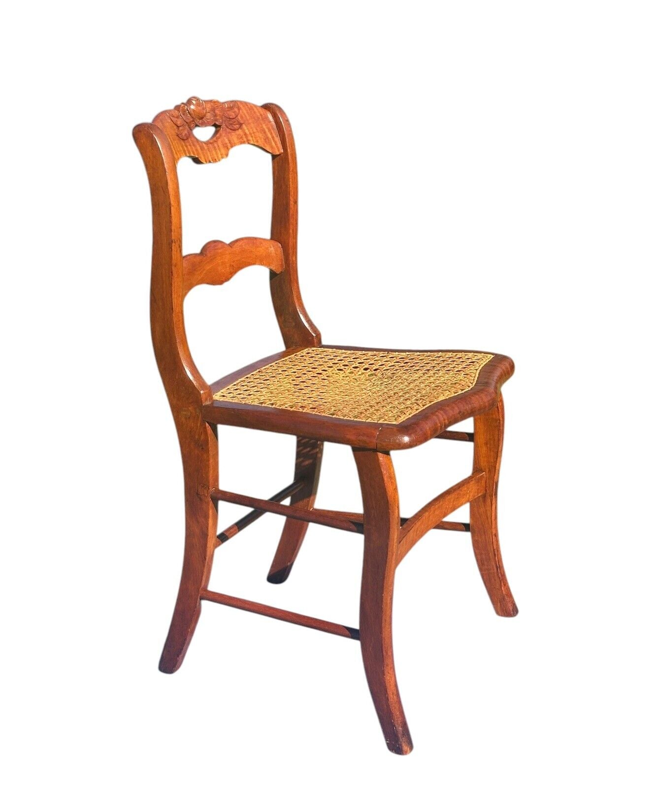 Pair of Antique Federal Period Tiger Maple Side Chairs With Rose Carved Crests
