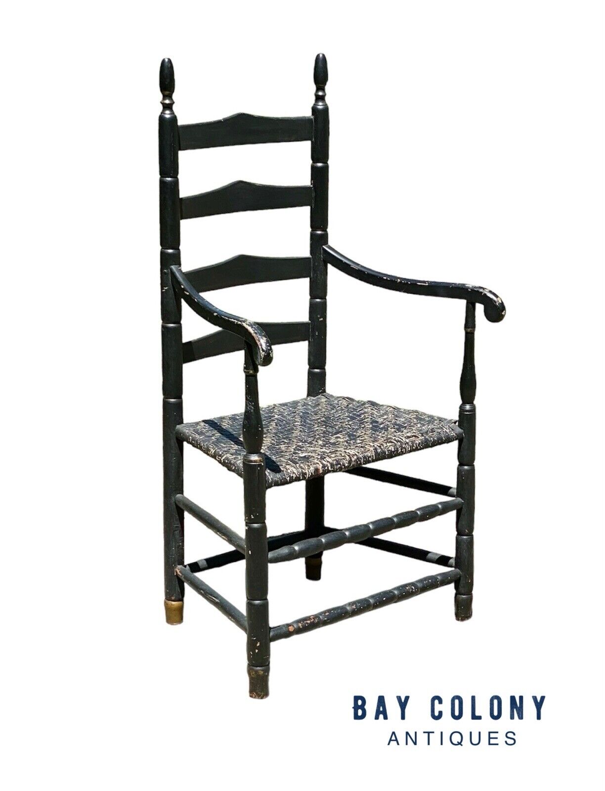 18th Century Antique Queen Anne Ladderback Chair in Black With Ram's Head Arms