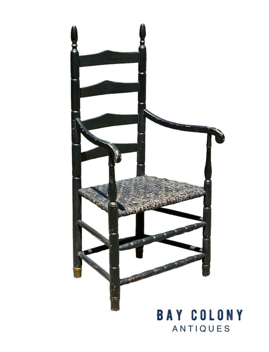 18th Century Antique Queen Anne Ladderback Chair in Black With Ram's Head Arms