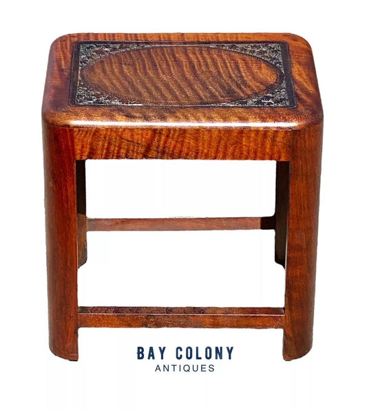 Vintage Fiddleback Mahogany Footstool / Vanity Bench with Flower Carvings