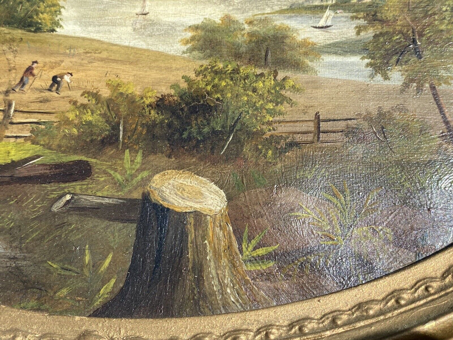 Antique Hudson River School American Landscape Painting In Original Oval Frame