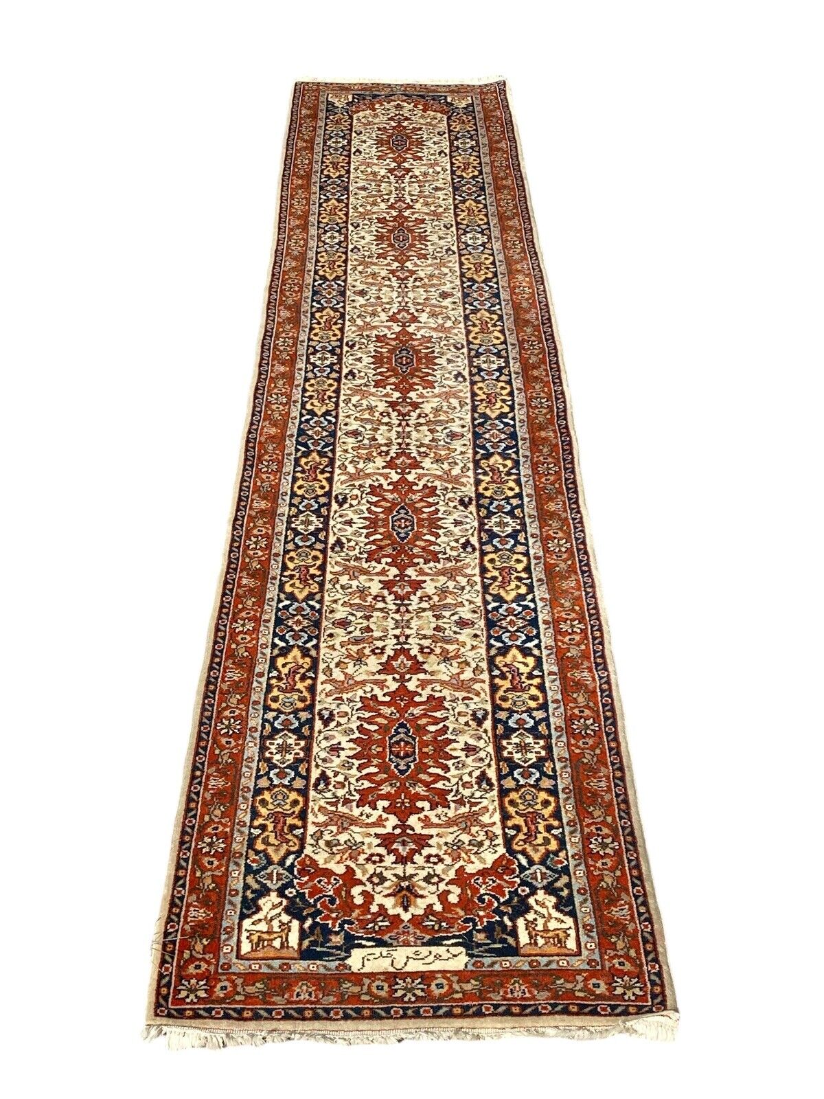 Semi-Antique 13+ Foot Persian Tabriz Runner Rug / Carpet with Birds & Deer