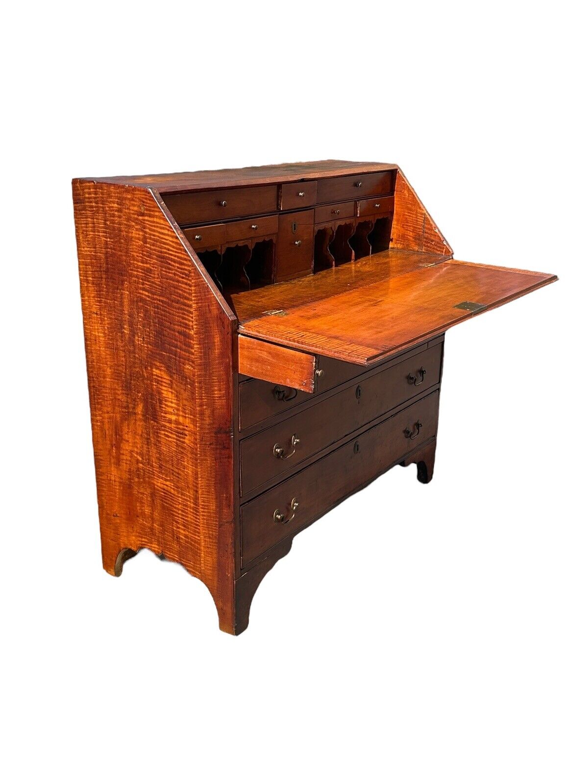 Antique Chippendale New England Tiger Maple & Cherry Slant Lid Desk Circa 1780