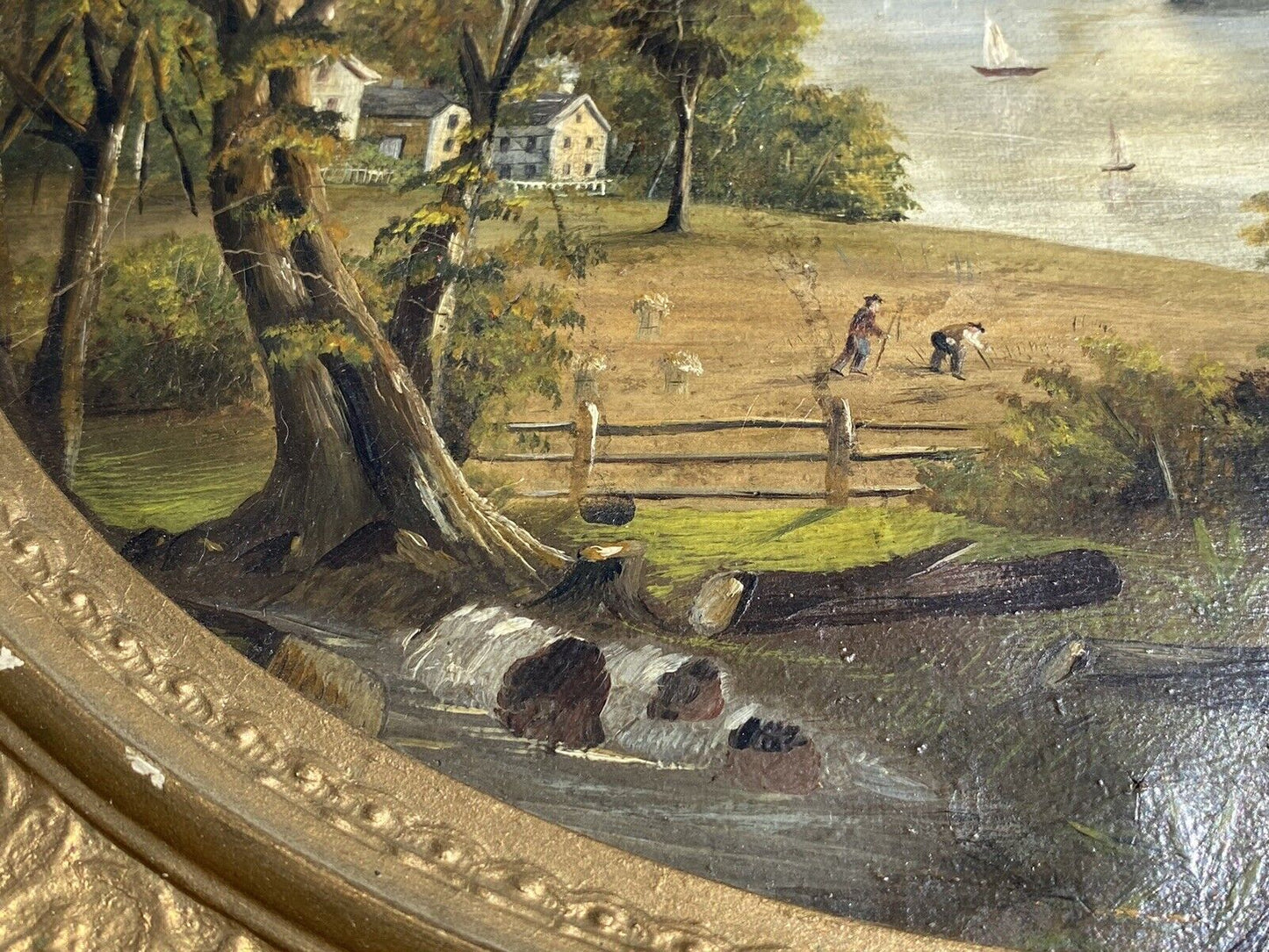 Antique Hudson River School American Landscape Painting In Original Oval Frame
