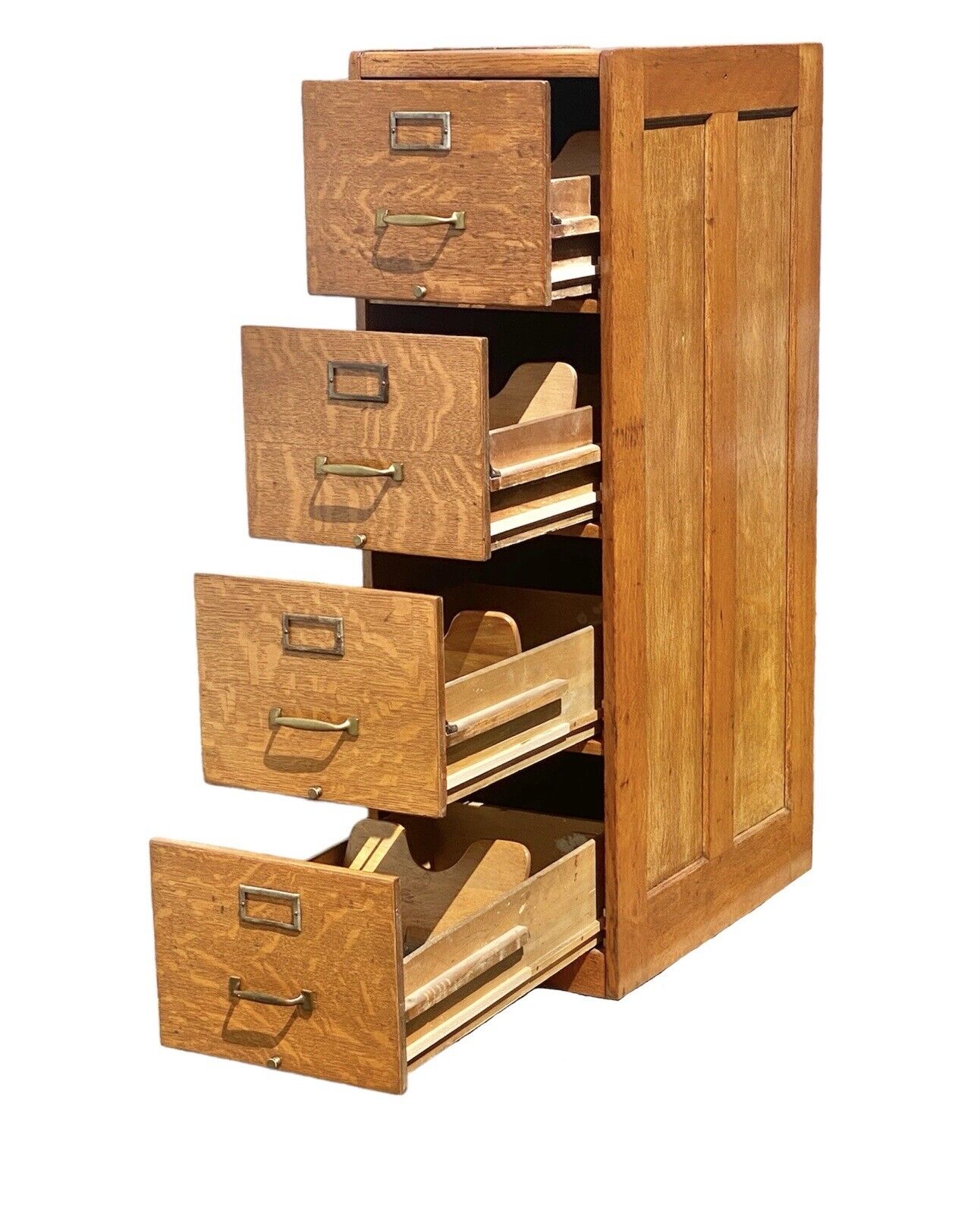Antique Oak 4 Drawer Wood File Cabinet with double paneled sides and original hardware - photo with drawers open