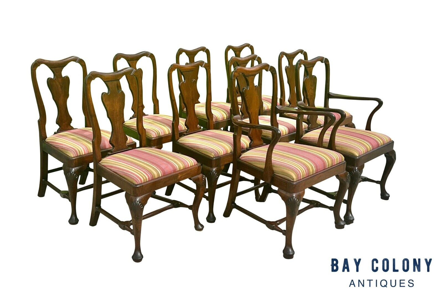 Set of Ten Queen Anne Style Walnut Shell Carved Dining Chairs With Penguin Backs