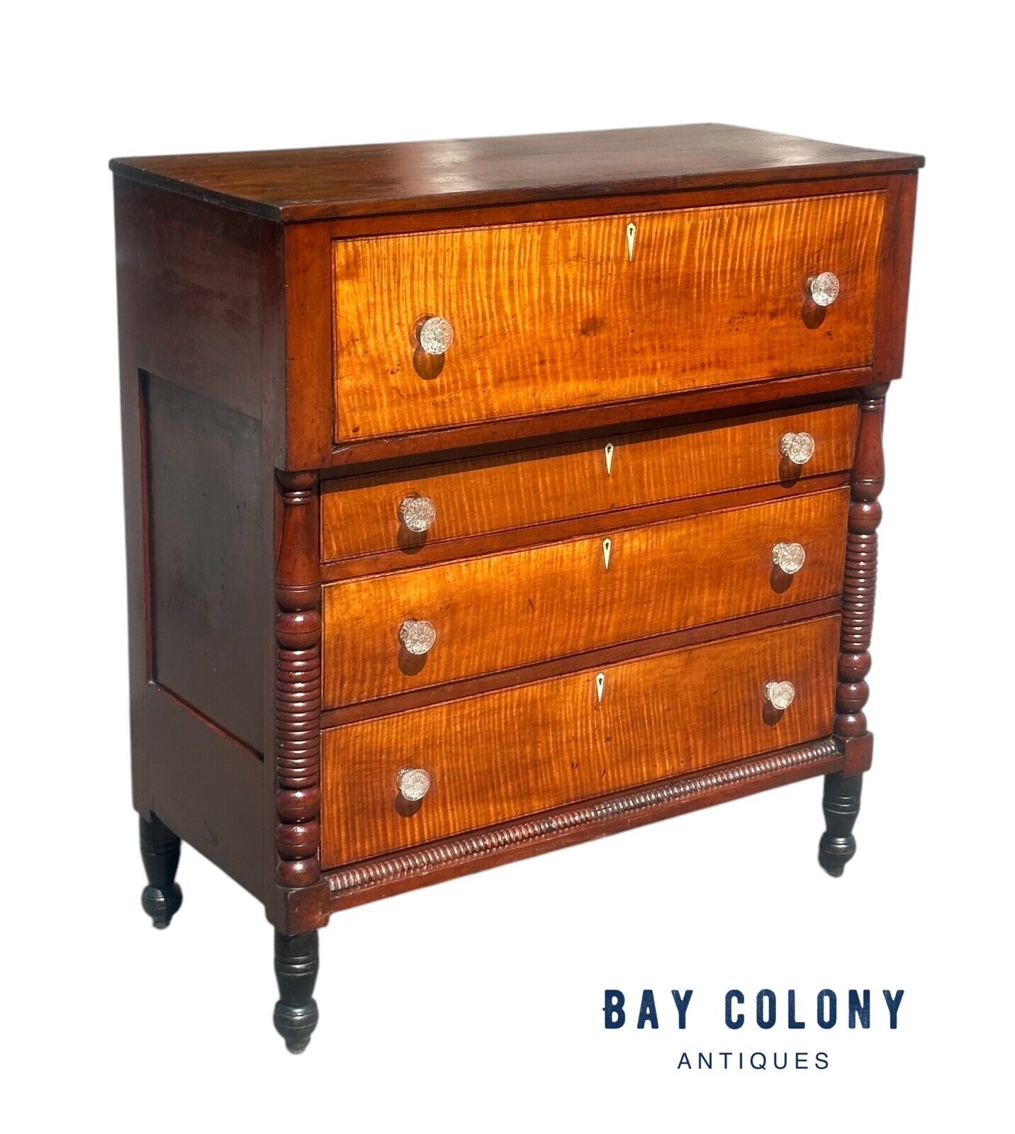 Antique Federal Period Tiger Maple & Cherry Spool Turned Tall Chest / Dresser