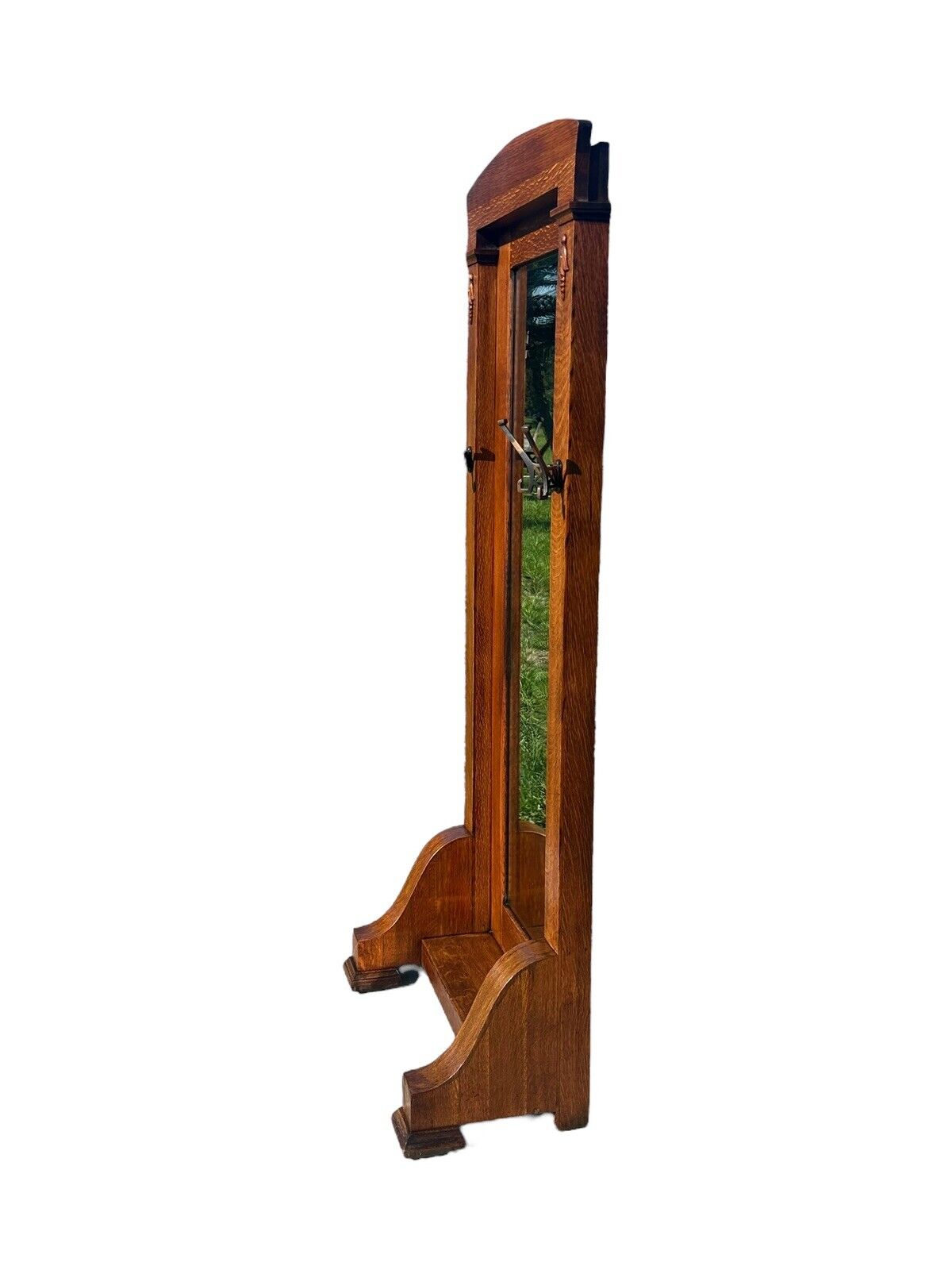 Antique Arts & Crafts Tiger Oak Hall Tree With Beveled Mirror & Japanned Hooks