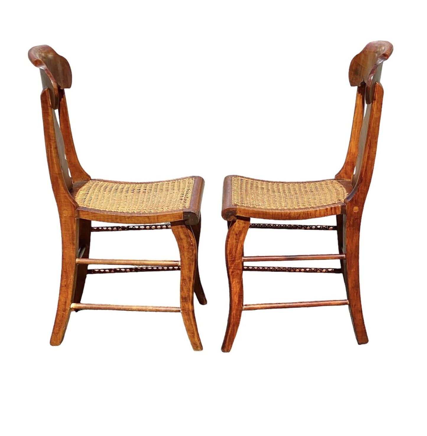 Antique Pair of Tiger Maple & Bird's Eye Maple Side Chairs with Cane Seats