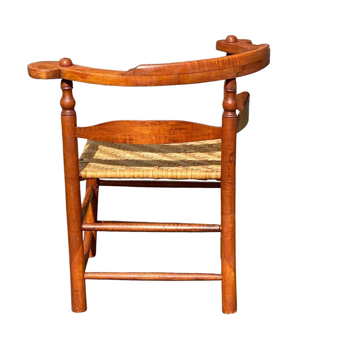 Antique Tiger Maple Corner Chair / Roundabout Chair w Splint Seat