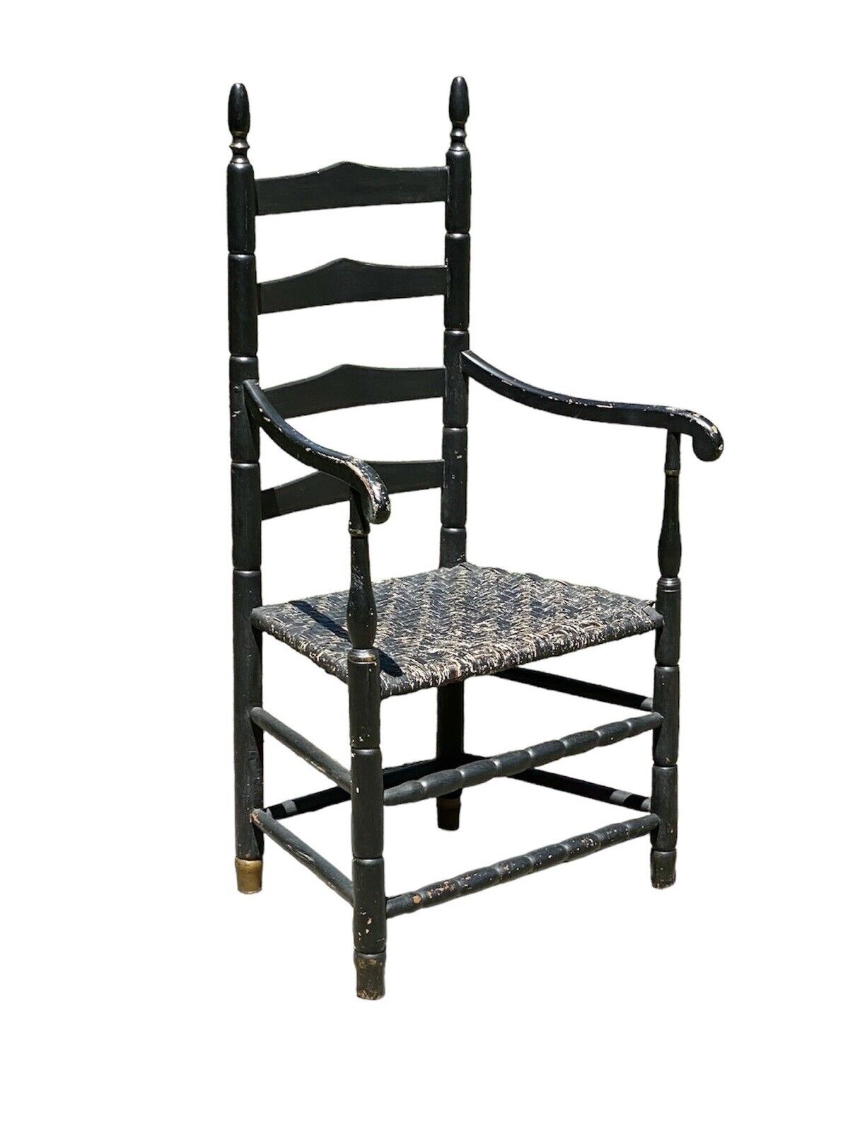 18th Century Antique Queen Anne Ladderback Chair in Black With Ram's Head Arms
