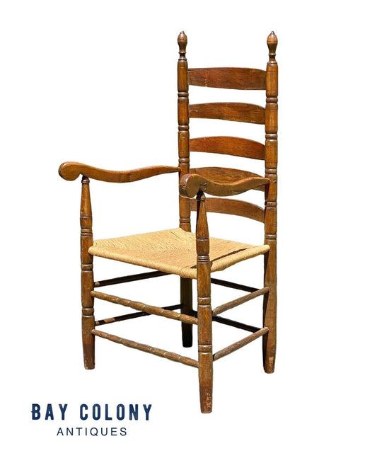 Early Queen Anne Period Walnut & Oak Ladderback Great Chair With Ram's Head Arms