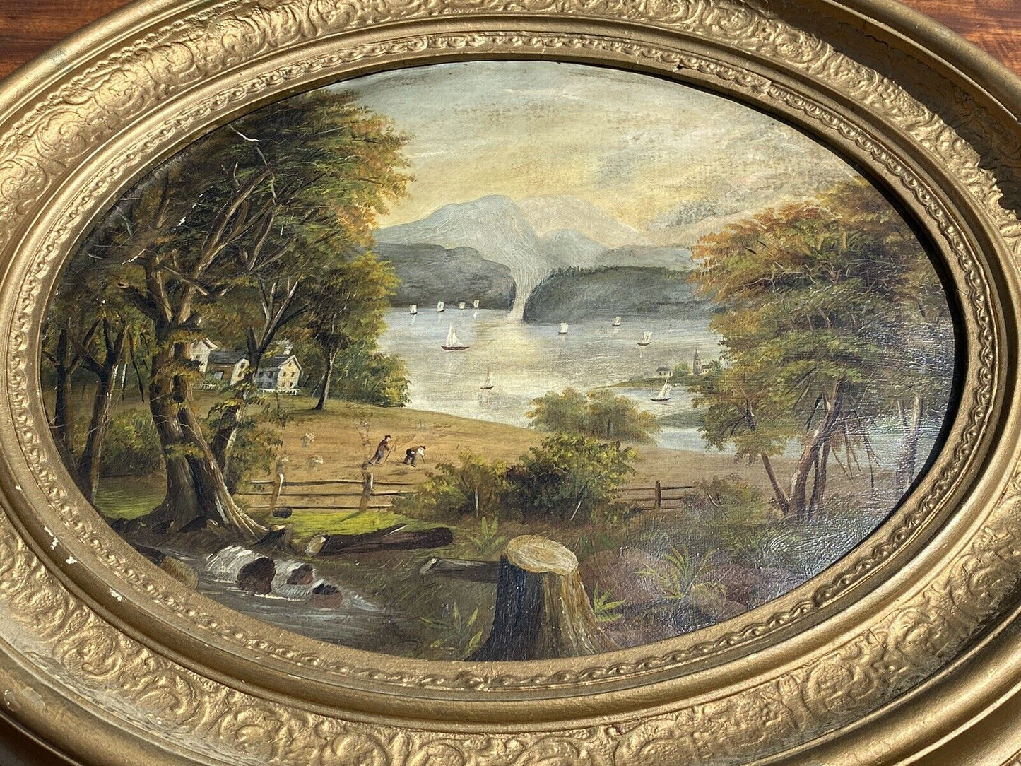 Antique Hudson River School American Landscape Painting In Original Oval Frame