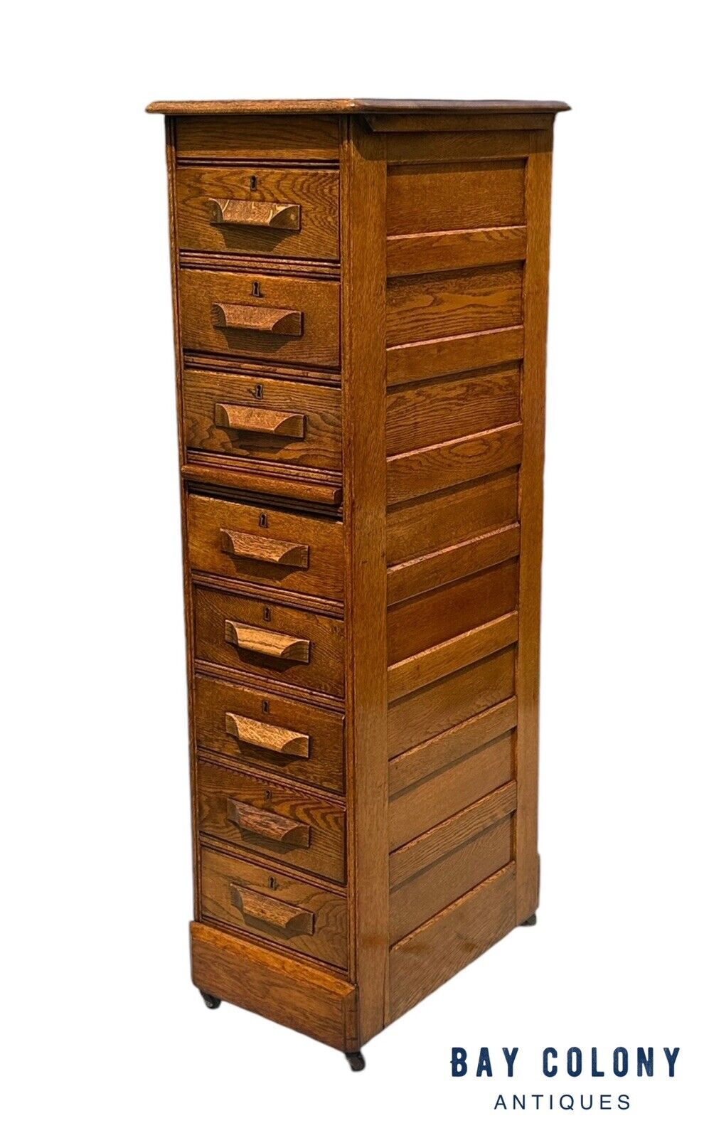 Antique Victorian Oak Raised Panel Eight Drawer Cabinet - Pull Out Writing Shelf