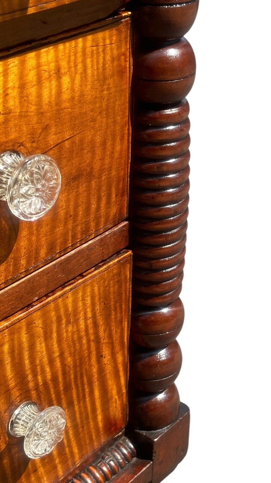 Antique Federal Period Tiger Maple & Cherry Spool Turned Tall Chest / Dresser