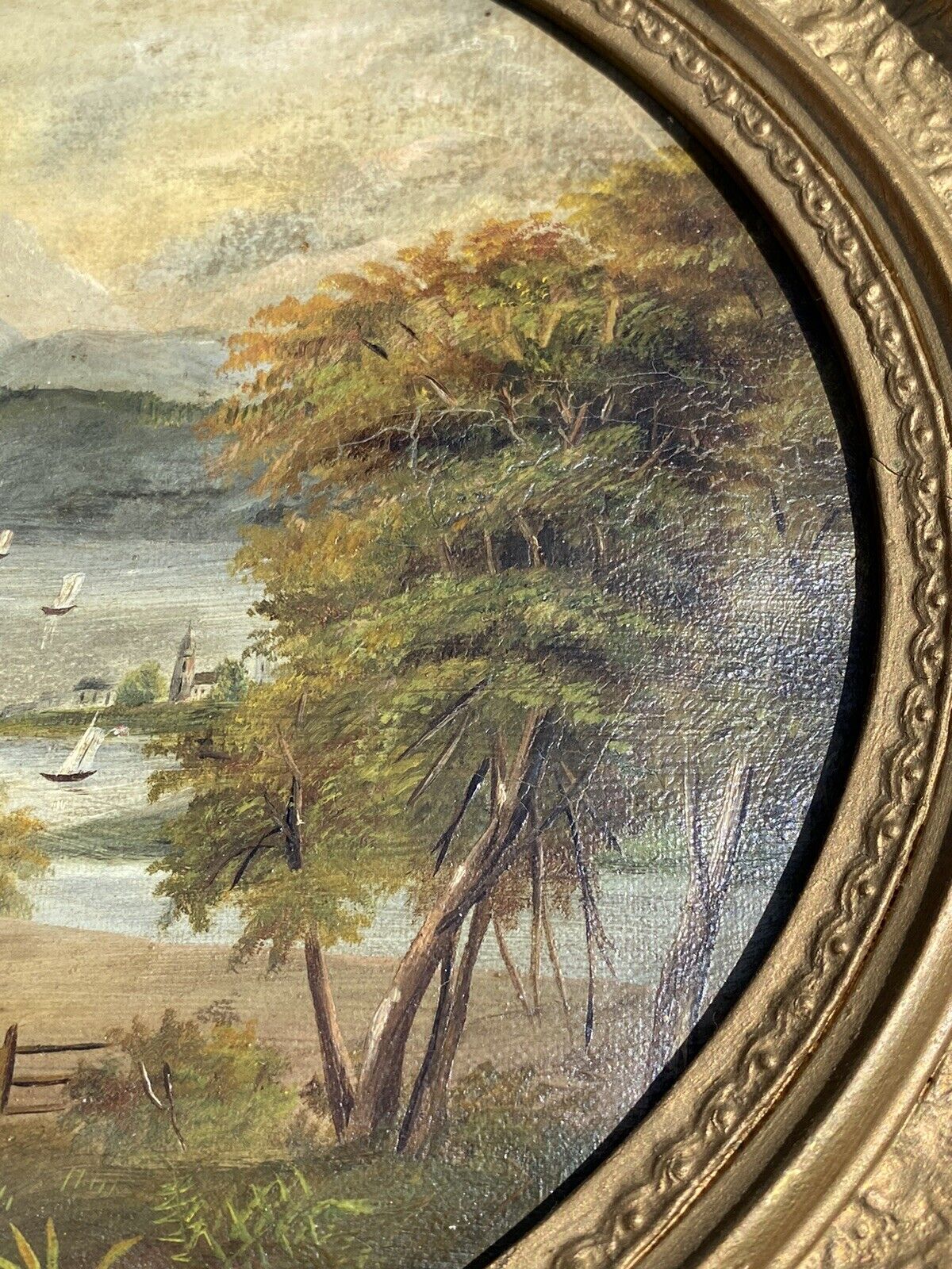 Antique Hudson River School American Landscape Painting In Original Oval Frame