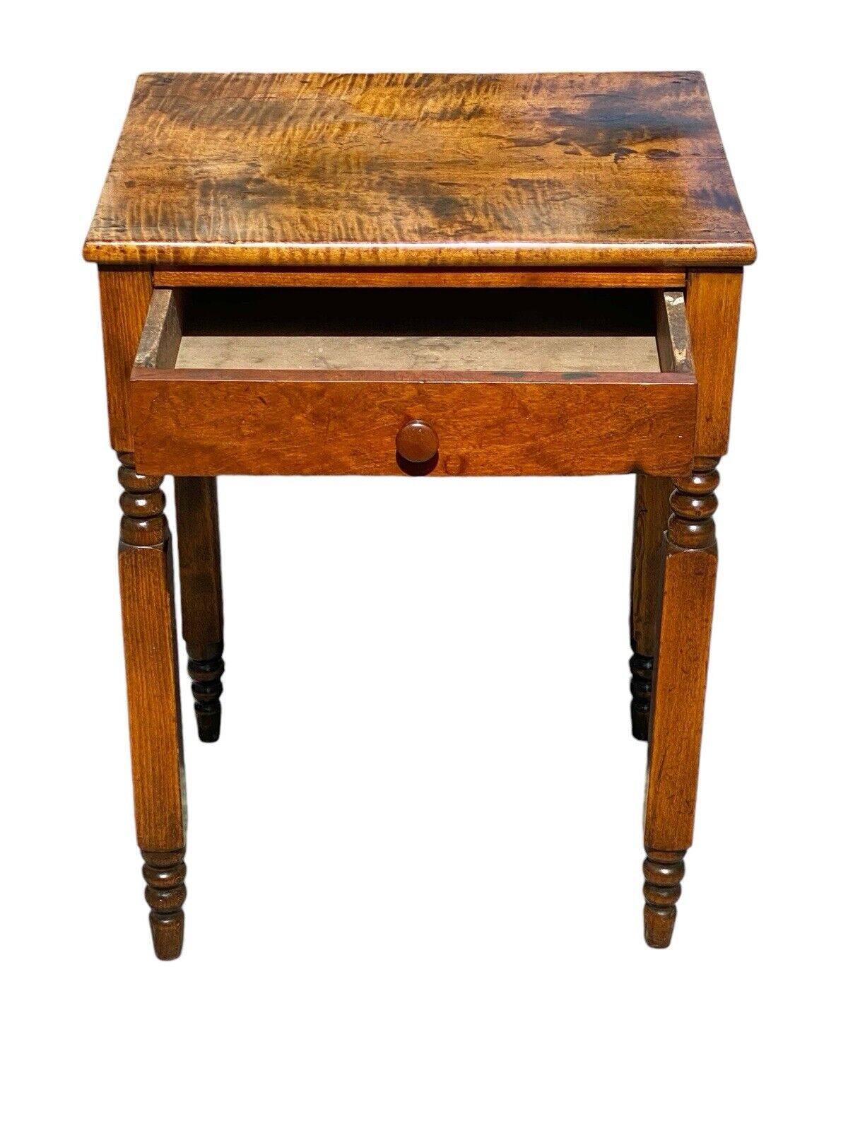 Early 19th Century Antique Tiger Maple & Cherry New York One Drawer Work Table
