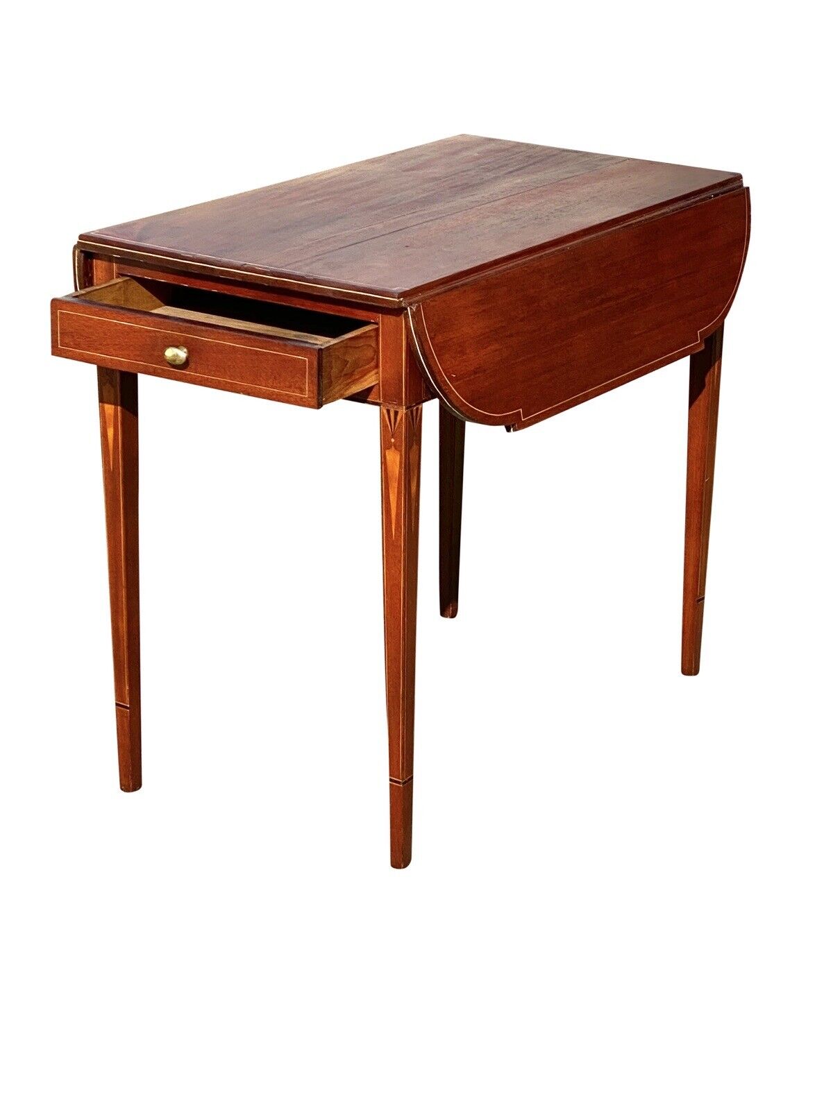 Antique Mahogany Drop Leaf Table with Drawer & Icicle Inlaid Legs