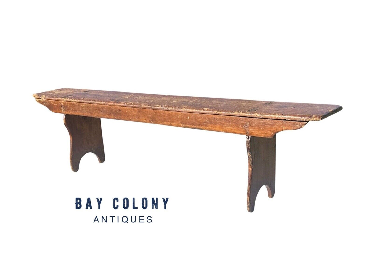 Antique Primitive Pine Nantucket Meetinghouse Bench With Half Moon Cutout Ends