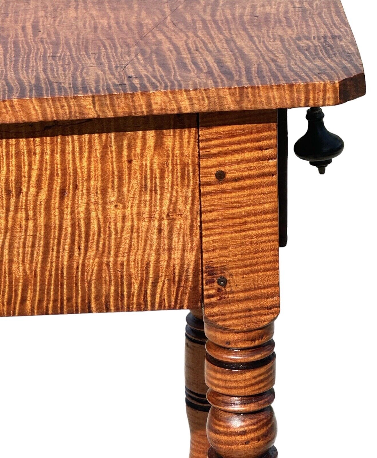 Antique Federal Style Tiger Maple Single Drawer Nightstand on Finely Turned Legs