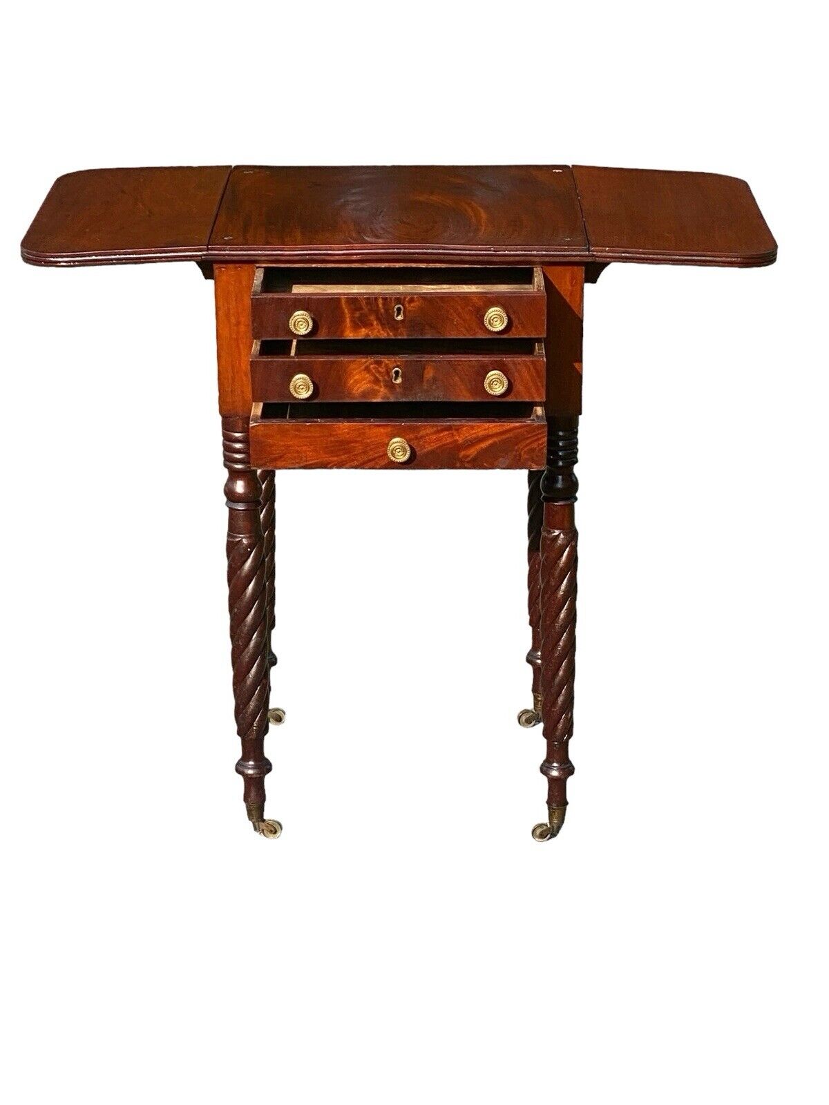 Antique Massachusetts 3 Drawer Dropleaf Worktable With Rope Carved Legs