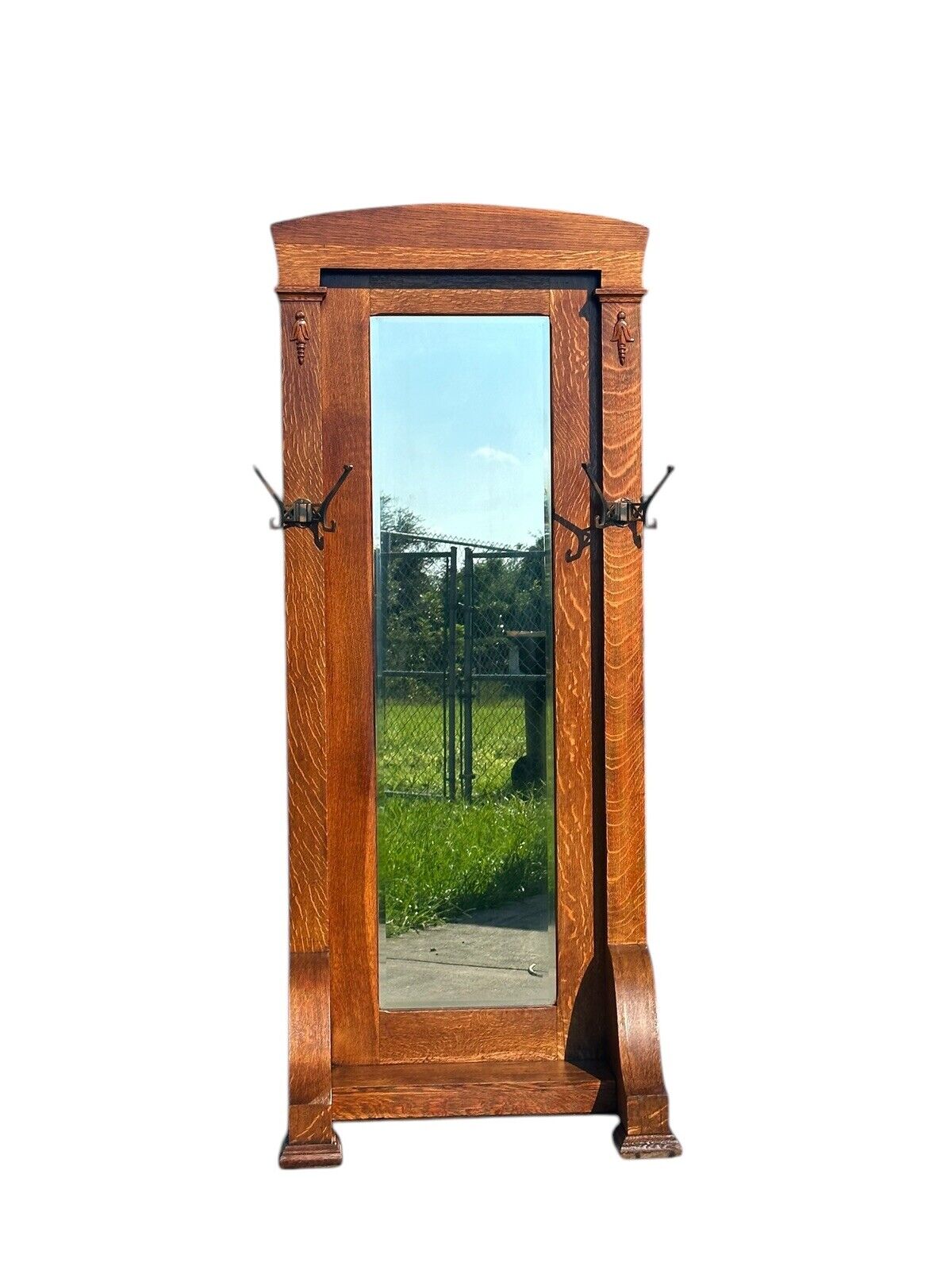 Antique Arts & Crafts Tiger Oak Hall Tree With Beveled Mirror & Japanned Hooks