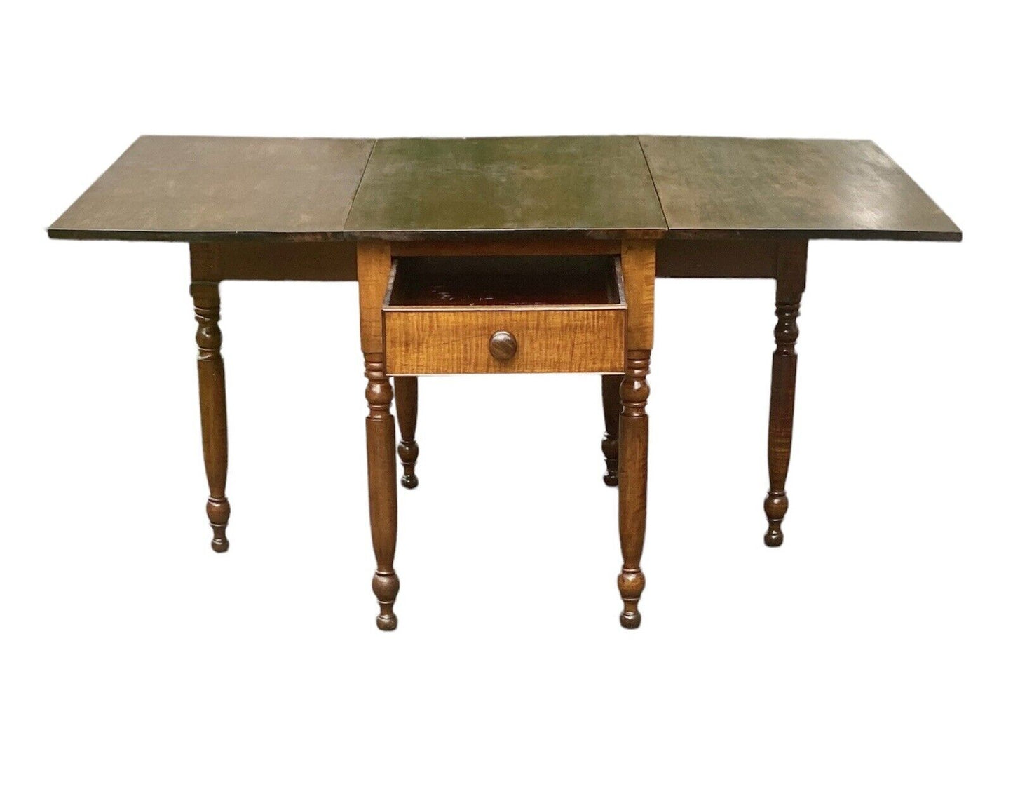 Antique Sheraton Style Cherry & Tiger Maple Drop Leaf Dining Table with Gateleg