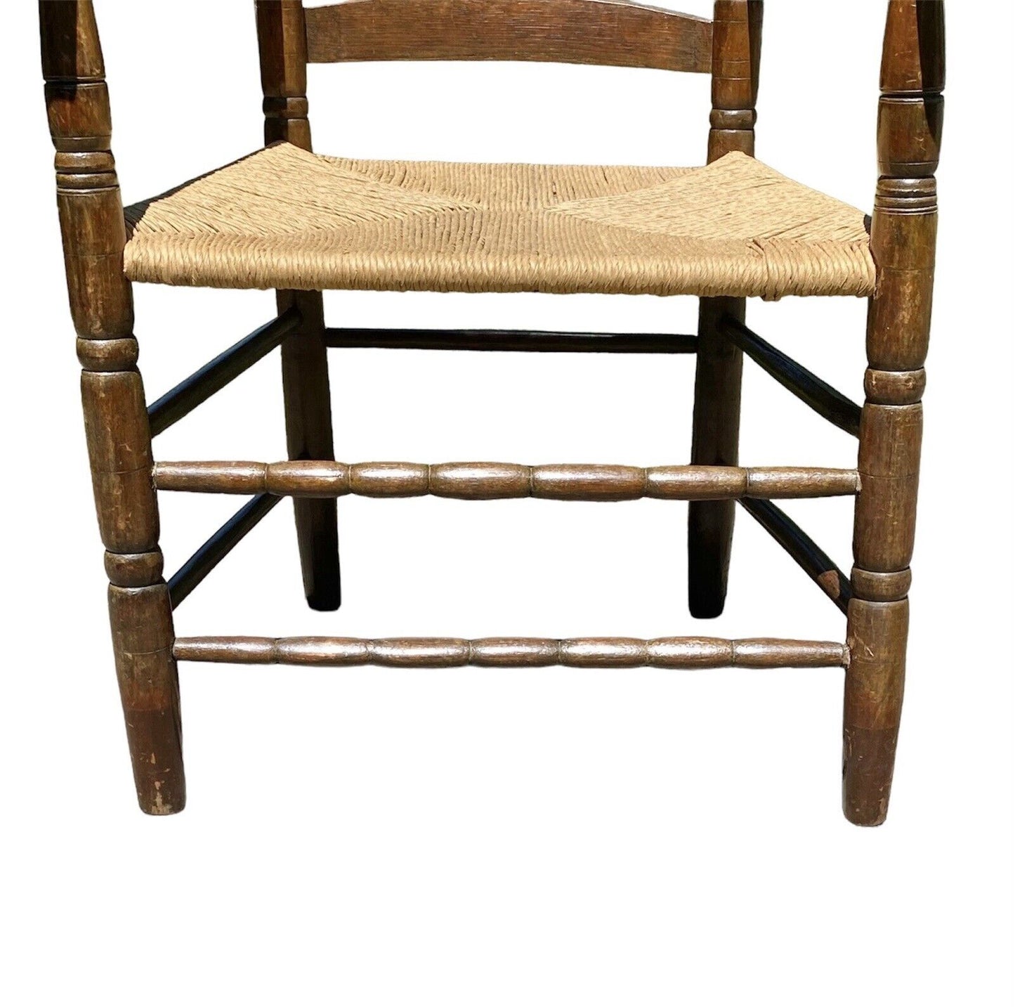 Early Queen Anne Period Walnut & Oak Ladderback Great Chair With Ram's Head Arms